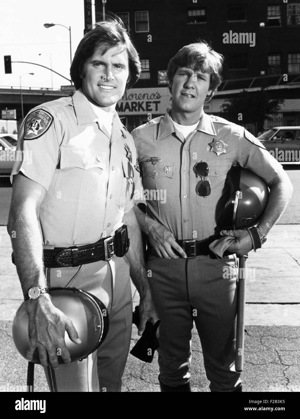 Bruce Jenner as Officer Steve McLeish with Larry Wilcox playing Jon Baker  on 'CHiPs'. Jenner was the principle performer in several episodes of the  NBC-TV series, substituting for star Erik Estrada, who