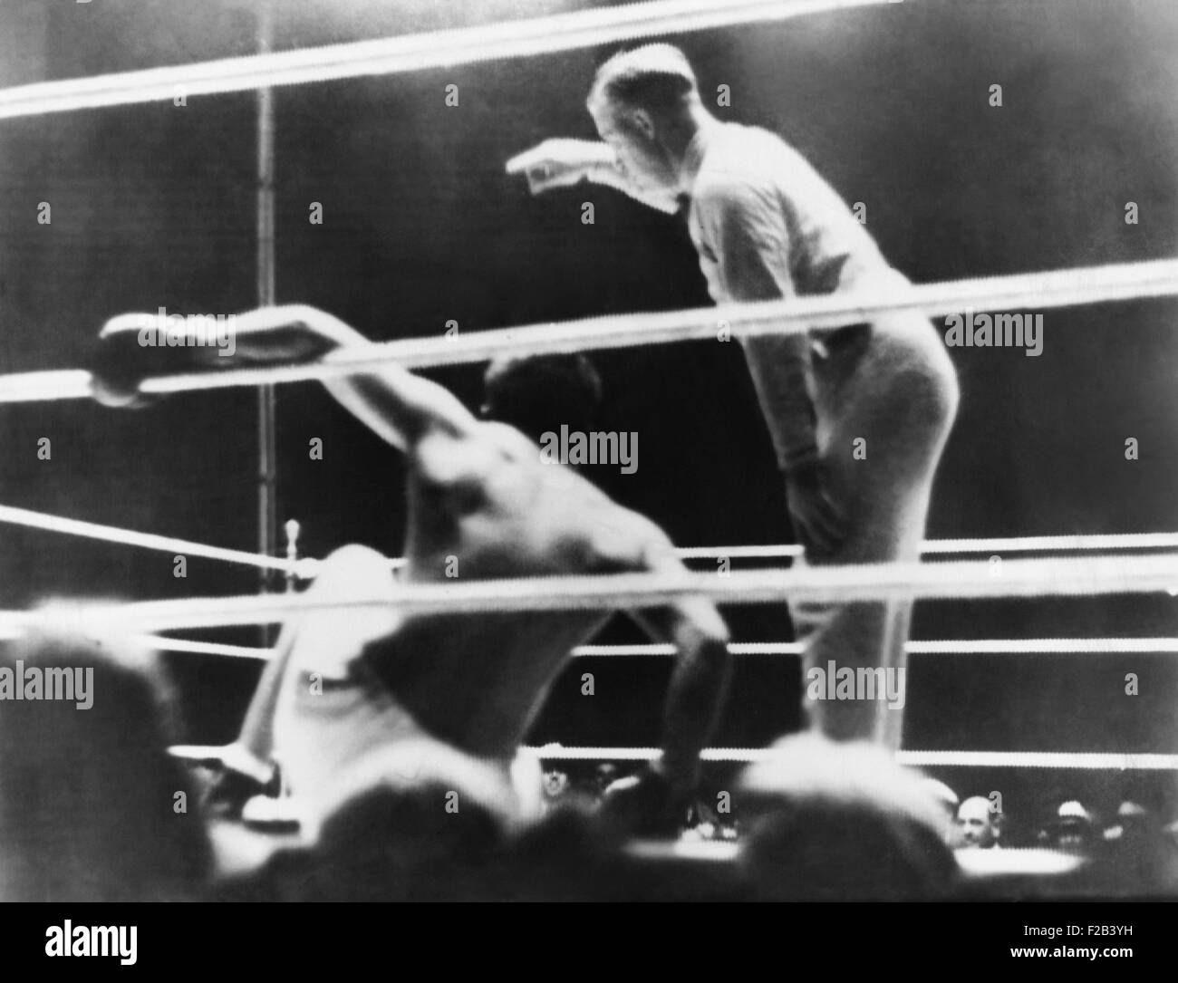 'Long Count Fight', the Gene Tunney-Jack Dempsey boxing match of Sept. 22, 1927. Tunney downed by Dempsey in the 7th round. Referee Dave Barry waiting several seconds to begin the count until Dempsey retreated to a neutral corner. - (CSU 2015 5 145) Stock Photo