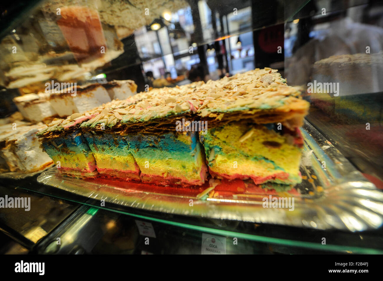 Gay Pride themed cake in San Miguel Market-tarta con el tema del Orgullo Gay en el Mercado de San Miguel Stock Photo