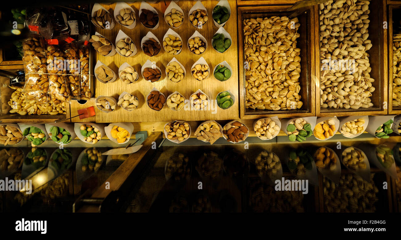 Nuts stall in San Miguel Market-frutos secos en el Mercado de San Miguel Stock Photo