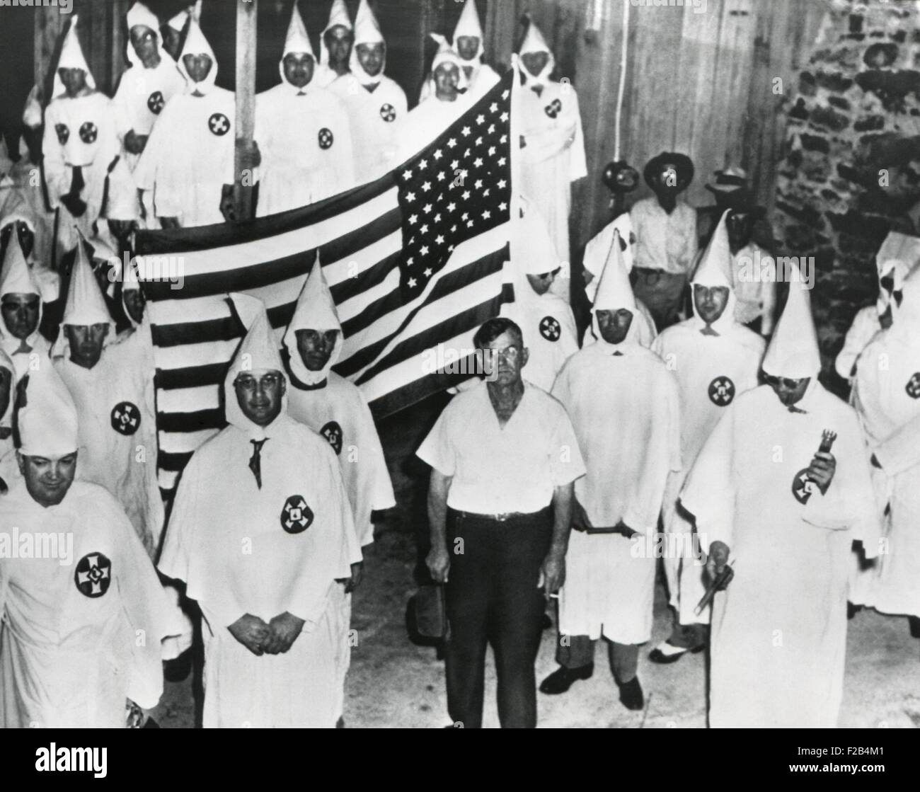 58 of the advertised 1000 KKK members about to parade unmasked in Pell City, Alabama. August 22, 1949. In compliance with a new Stock Photo
