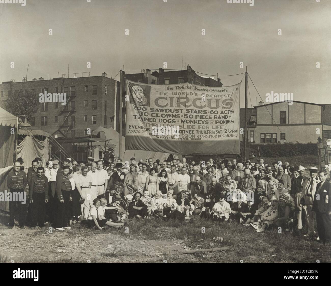 The Federal Theatre presents the world's greatest! The WPA's Federal Theater Project supported this circus with 200 sawdust stars, 60 acts, 30 clowns, a 50 piece band, trained dogs, monkeys and ponies. Ca. 1935-39. - (BSLOC 2015 1 159) Stock Photo