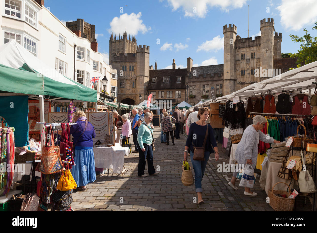 Wells market, Somerset on a sunny day in August, The Marketplace, Wells