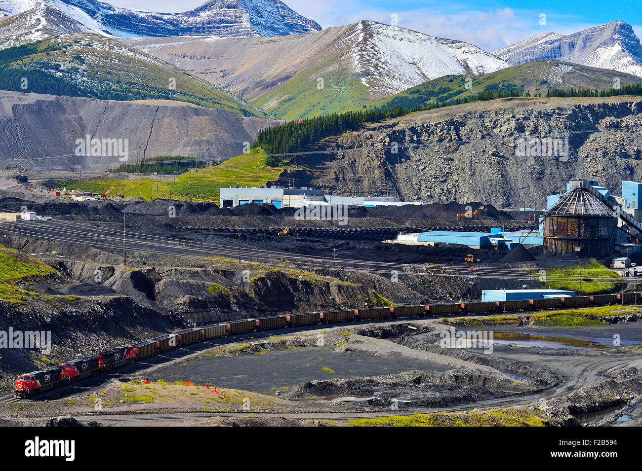 A horizontal landscape image of the Teck coal processing plant in the foothills of the rocky mountains near Cadomin Alberta Stock Photo
