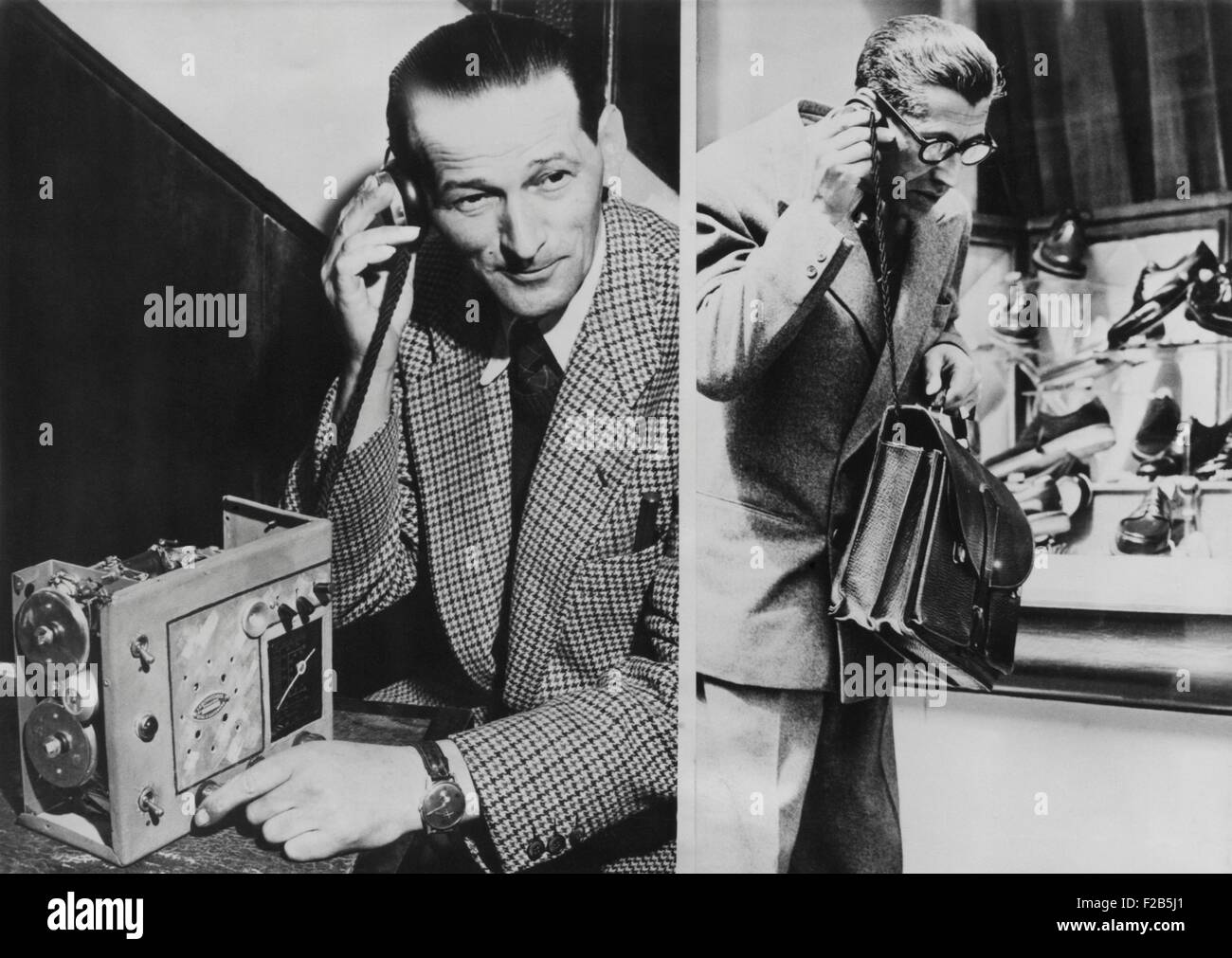 The 'Telephonogramme' was invented by Vital Gassmann. Paris, May 10, 1950. The receiver of this early wireless mobile telephone Stock Photo