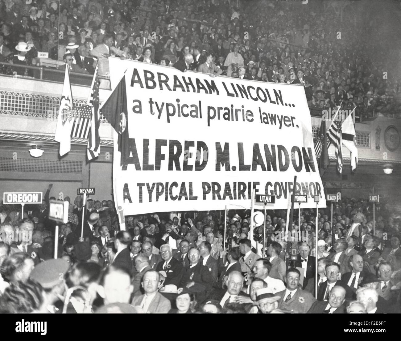 Demonstration for Alf Landon, the 1936 Republican presidential nominee. Public Auditorium, Cleveland, Ohio. June 11, 1936. Landon was a liberal Republican, Governor of Kansas, and wealthy petroleum industrialist. - (BSLOC 2014 17 11) Stock Photo