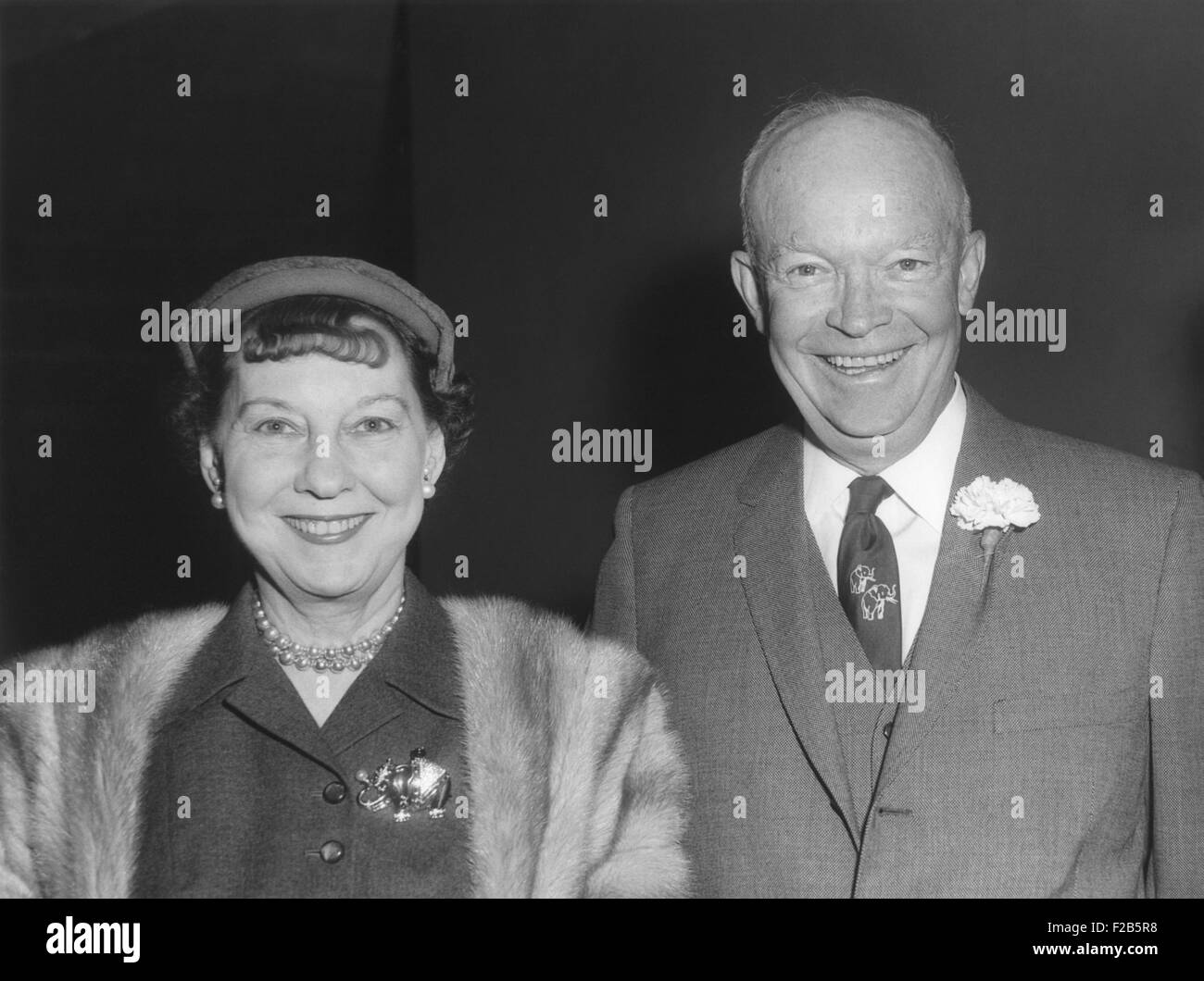 President Dwight and First Lady Mamie Eisenhower. Mamie wears an 'elephant' pin, and the President has an 'elephant' tie. Oct. 14, 1958. - (BSLOC 2014 16 84) Stock Photo
