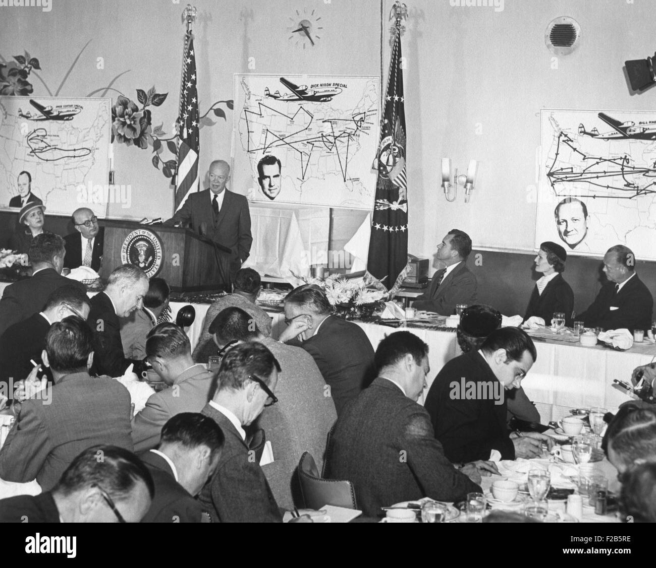 President Eisenhower speaking at a Republican Campaign Kick-off breakfast for VP Richard Nixon. Behind the President, is a map of Nixon's extended campaign trip. Sept. 18, 1956, - (BSLOC 2014 16 8) Stock Photo
