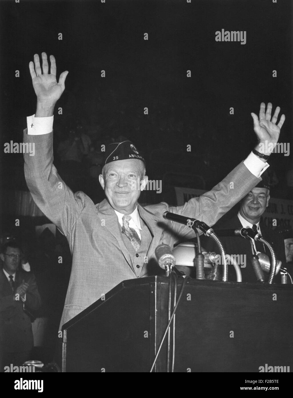 President Eisenhower waving to the Annual Convention of the America Legion. August 29, 1954. National Guard Armory, Washington, Stock Photo