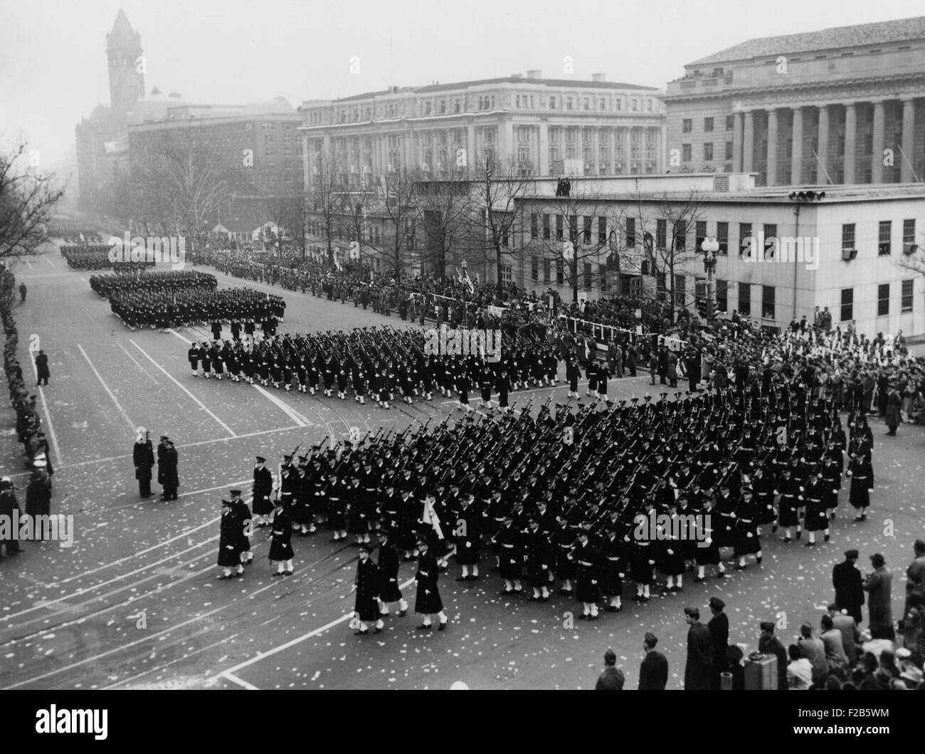 Cadets from the U.S. Navel Academy marching in Eisenhower's Inaugural Parade on Pennsylvania Avenue. Jan. 20, 1953. - (BSLOC 2014 16 28) Stock Photo