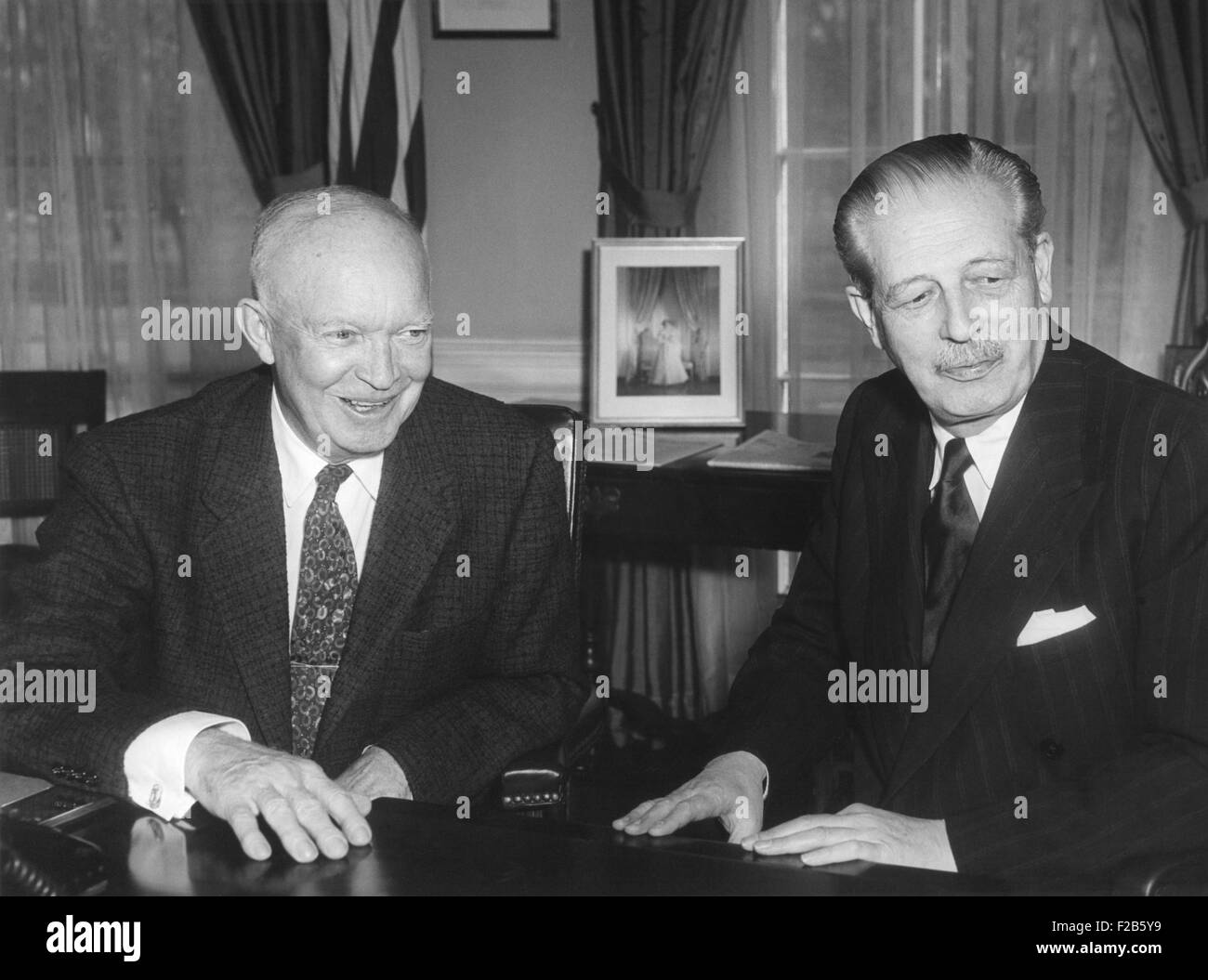 President Eisenhower with British Prime Minister Harold Macmillan in the Oval Office. March 23, 1959. - (BSLOC 2014 16 223) Stock Photo