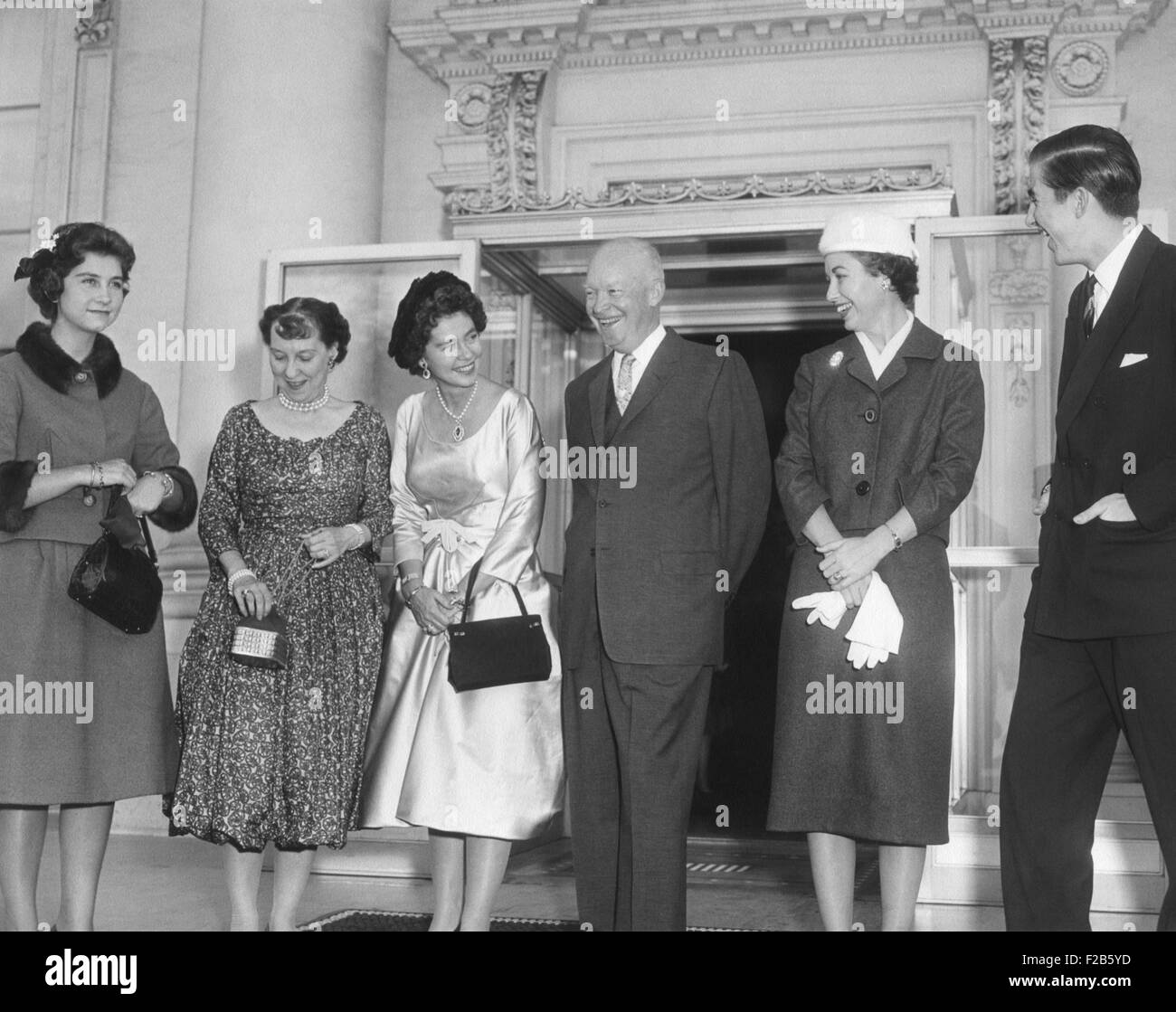 Queen Fredrika of the Hellenes (Greece) and two of her children visit the White House. L-R: Princess Sophie, Mamie Eisenhower, The President, Barbara Eisenhower, Crown Prince Constantine (Duke of Sparta). Oct. 23, 1958. - (BSLOC 2014 16 220) Stock Photo