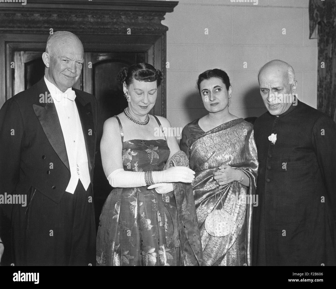 President and Mamie Eisenhower with Indira Gandhi and Jawaharlal Nehru. Nehru gave a dinner in honor of the President and First Stock Photo