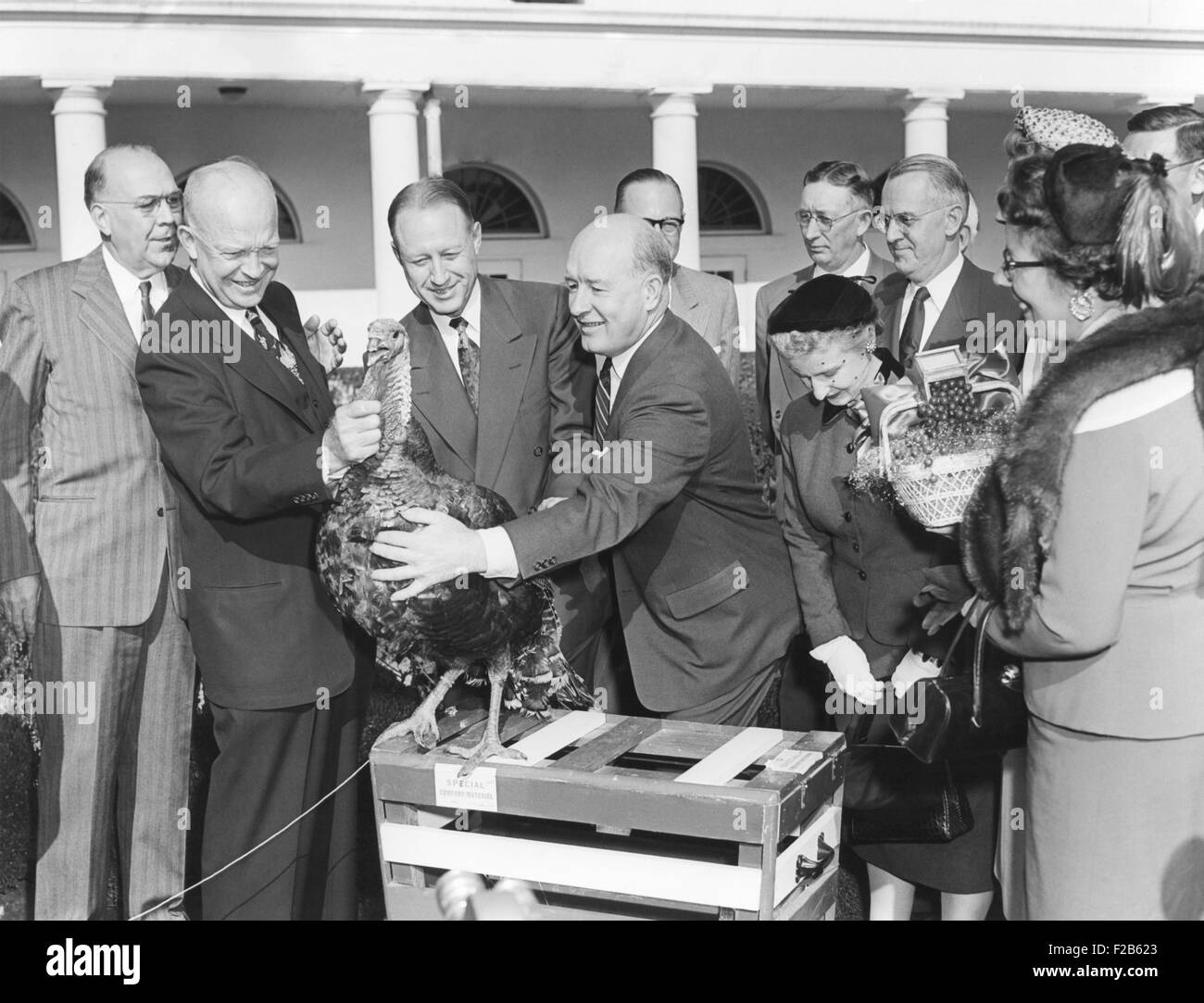 President Dwight Eisenhower receives a turkey from members of the National Turkey Federation at the White House. Nov. 16, 1953. Stock Photo