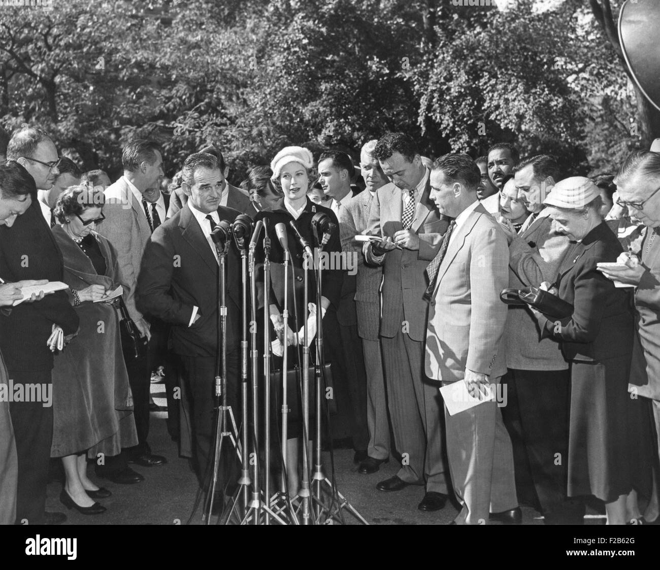 Prince Rainer and Princess Grace at Press microphones on their visit to President Eisenhower. Oct. 11, 1956. - (BSLOC 2014 16 164) Stock Photo