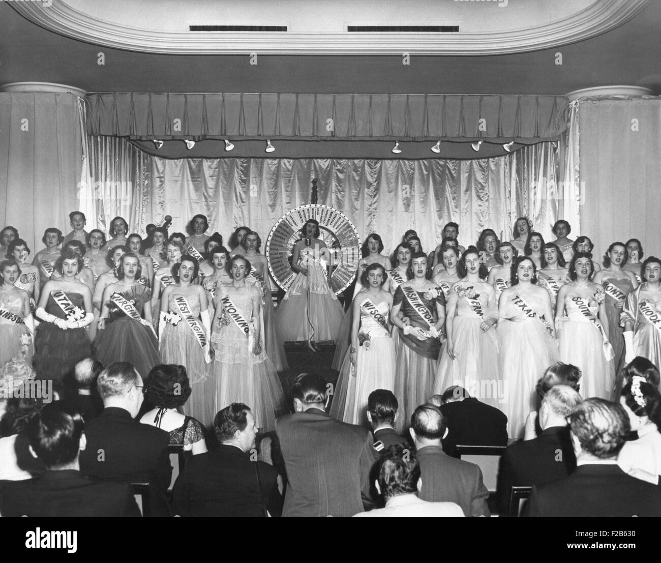 1953 Cherry Blossom Queen Contestants, called 'Princesses', April 10, 1953. At center is the winner, the 'Queen'. National Cherry Blossom Festival commemorated the 1912 gift of 3,000 cherry trees from Mayor Yukio Ozaki of Tokyo to the city of Washington, DC. - (BSLOC 2014 16 156) Stock Photo