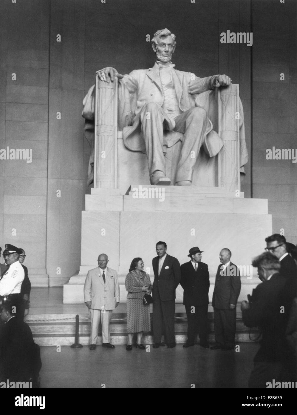 Premier Nikita Khrushchev and others beneath the Lincoln statue in the Lincoln Memorial. L-R: Nikita & Nina Khrushchev, Christian Herter, Andrei Gromyko, and Mikhail Menshikov, Russian Ambassador to the U.S. Sept. 16, 1959. - (BSLOC 2014 16 150) Stock Photo