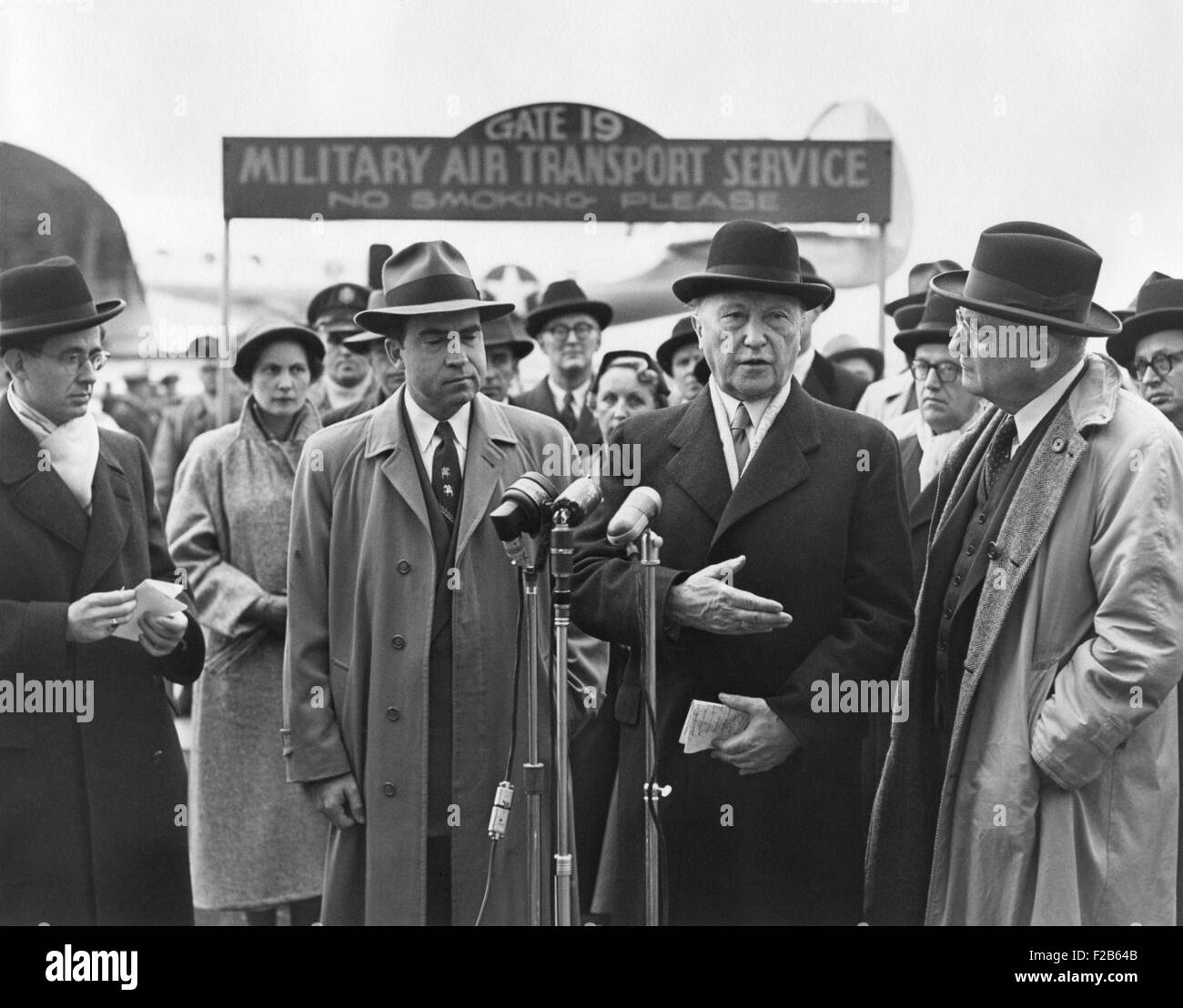 Richard Nixon, Conrad Adenauer, John Foster Dulles at Washington Airport. Adenauer was the first post-war Chancellor of Germany Stock Photo