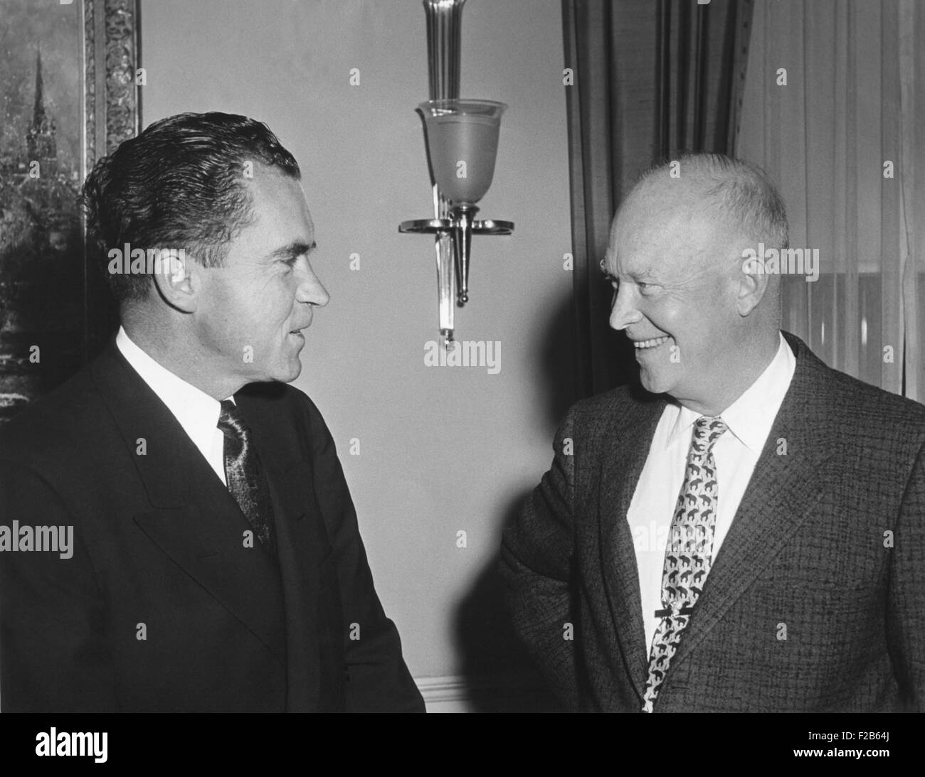 President Eisenhower and Vice President Nixon during the 1956 Presidential Campaign. They discussed Nixon's extensive campaign tour. - (BSLOC 2014 16 127) Stock Photo