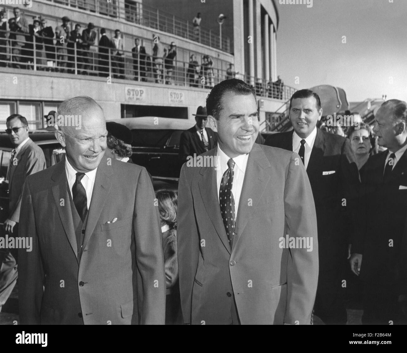 President Eisenhower seeing Richard Nixon off at National Airport. He attended a Republican Kick-off breakfast for VP Nixon, who was departing on an extensive campaign trip. Sept 18, 1956. - (BSLOC 2014 16 126) Stock Photo