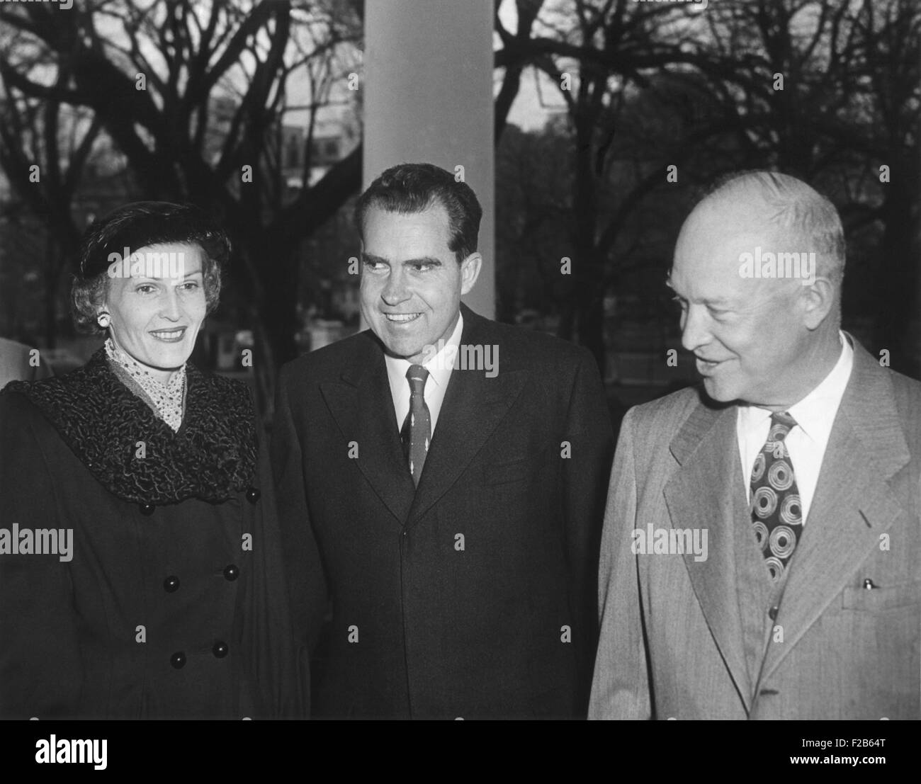 President Dwight Eisenhower with Richard and Pat Nixon after their return from East Asia. Dec. 14, 1953. The six week trip took Stock Photo
