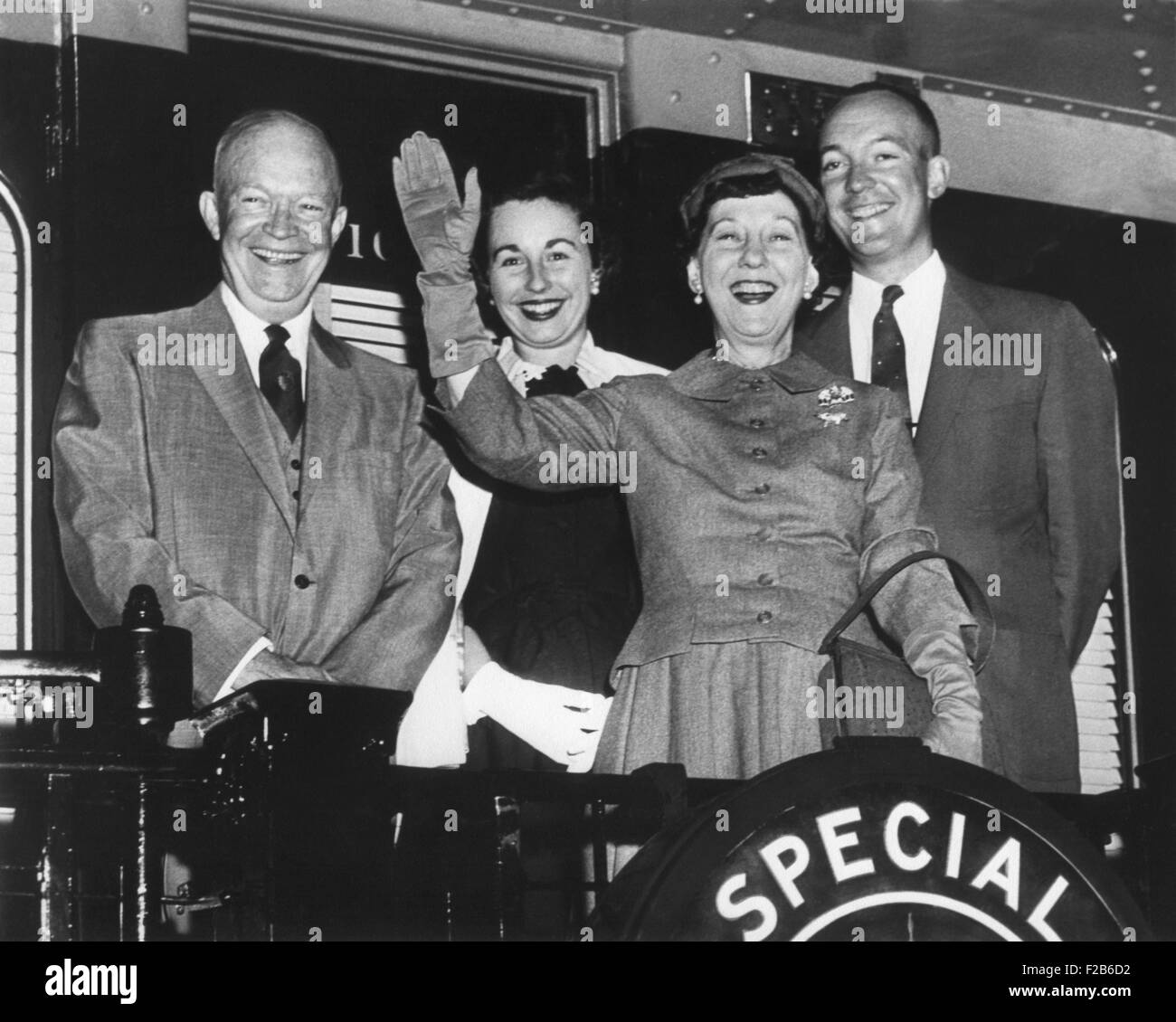 President Eisenhower and his family train waving from the back of their campaign train. President Eisenhower and wife Mamie are Stock Photo