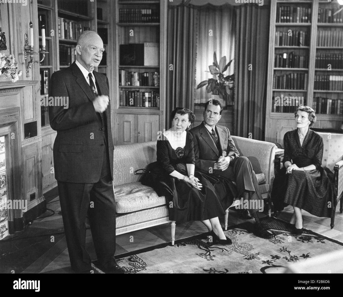 President Eisenhower speaking on election eve, Nov. 5, 1956. Seated are Mamie Eisenhower with Pat and Richard Nixon. - (BSLOC 2014 16 10) Stock Photo
