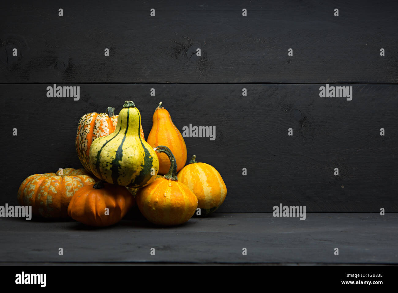 Colorful Pumpkins with dark wooden background Stock Photo - Alamy