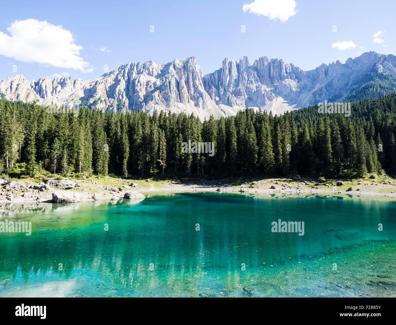 Lake Karersee, Latemar mountains in the back, dolomites, south Tyrolia, Italy Stock Photo