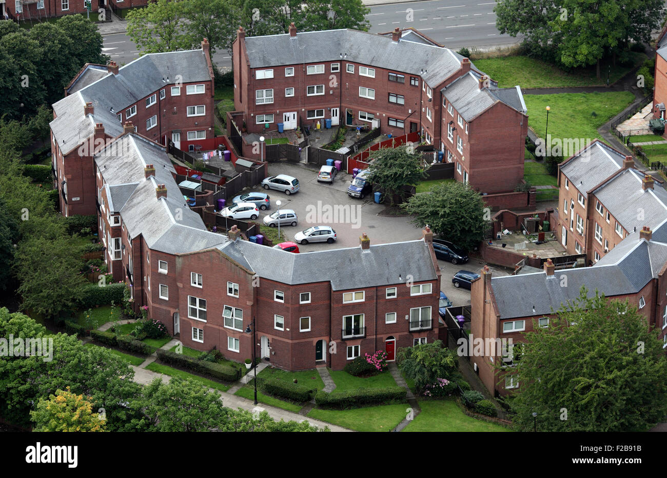 Looking down on newish housing in Cathedral Close near the centre of Liverpool from the tower of the Anglican Cathedral. Stock Photo