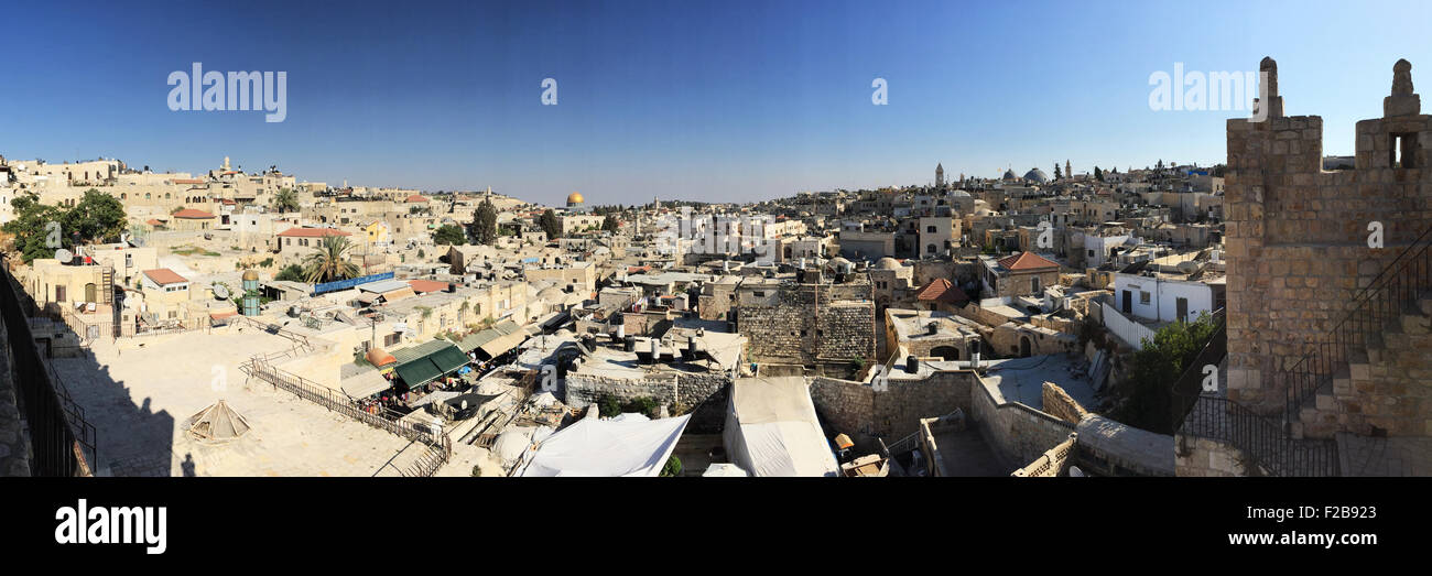 Jerusalem, Israel, Middle East: the Old City seen from the Ramparts Walk, the footpath and walkable route on the ancient walls Stock Photo