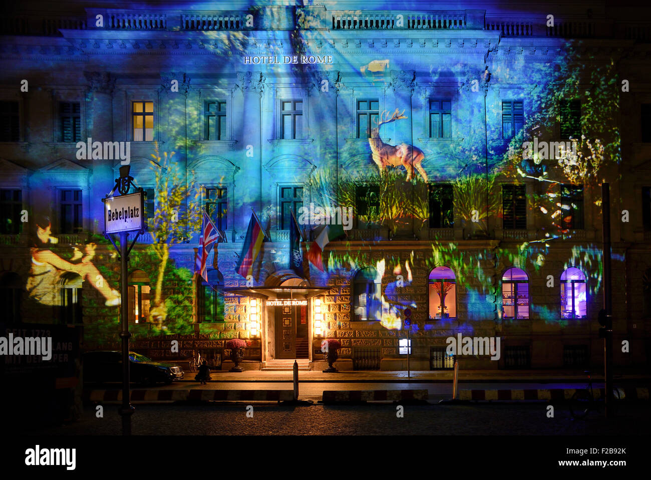 Hotel de Rome, illuminated at Festival of Lights, Bebelplatz, Berlin Mitte, Berlin Stock Photo