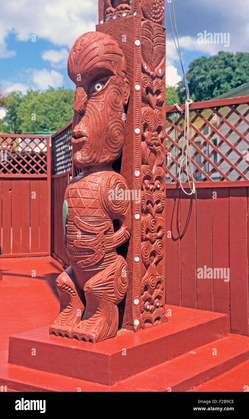 Rotorua, Marae Te Puia, New Zealand, North Island, Maori Wood Carving Stock Photo
