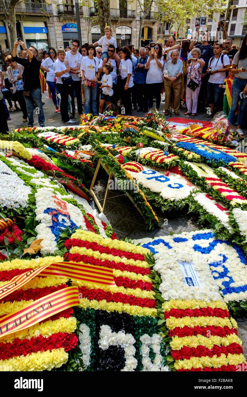 Flowers laid at a war memorial on the Catalan National Day (Diada) 11th September 2015 Stock Photo