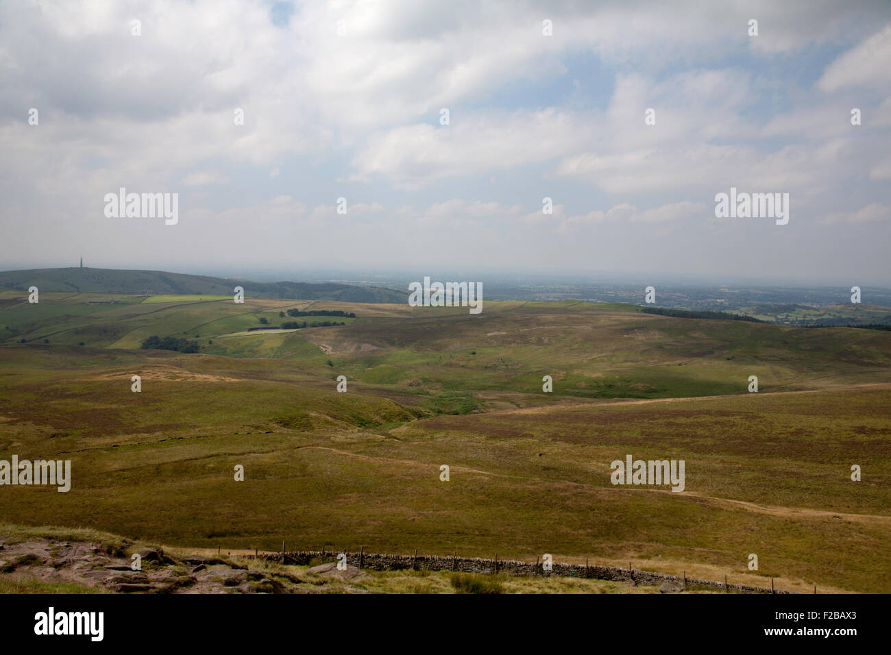 Piggford Moor from Shutlingsloe  and Wildboarclough Sutton Common tv mast in distance  Macclesfield Cheshire England Stock Photo