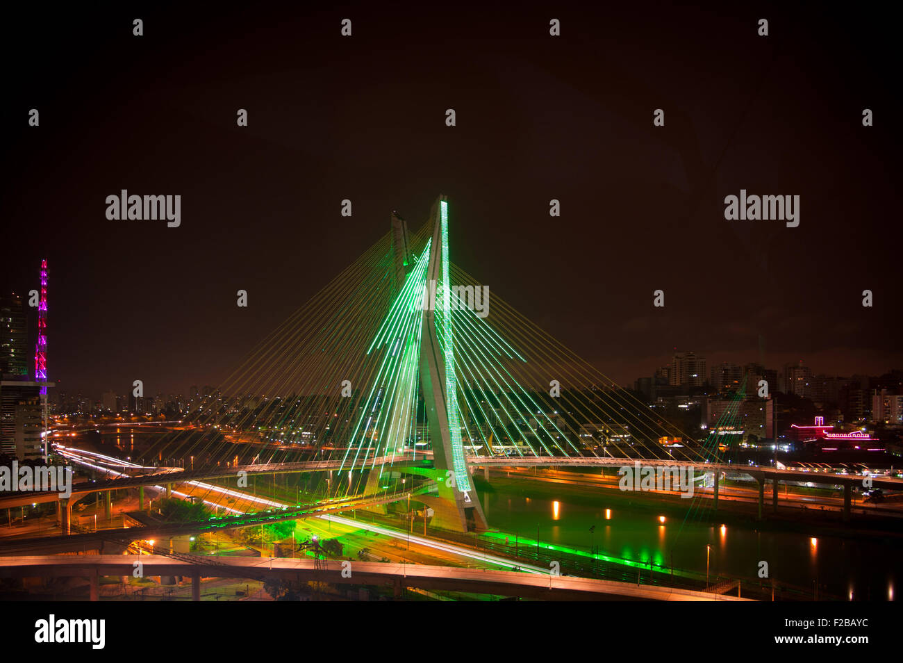 Most famous bridge lit up in the city at night, Octavio Frias De