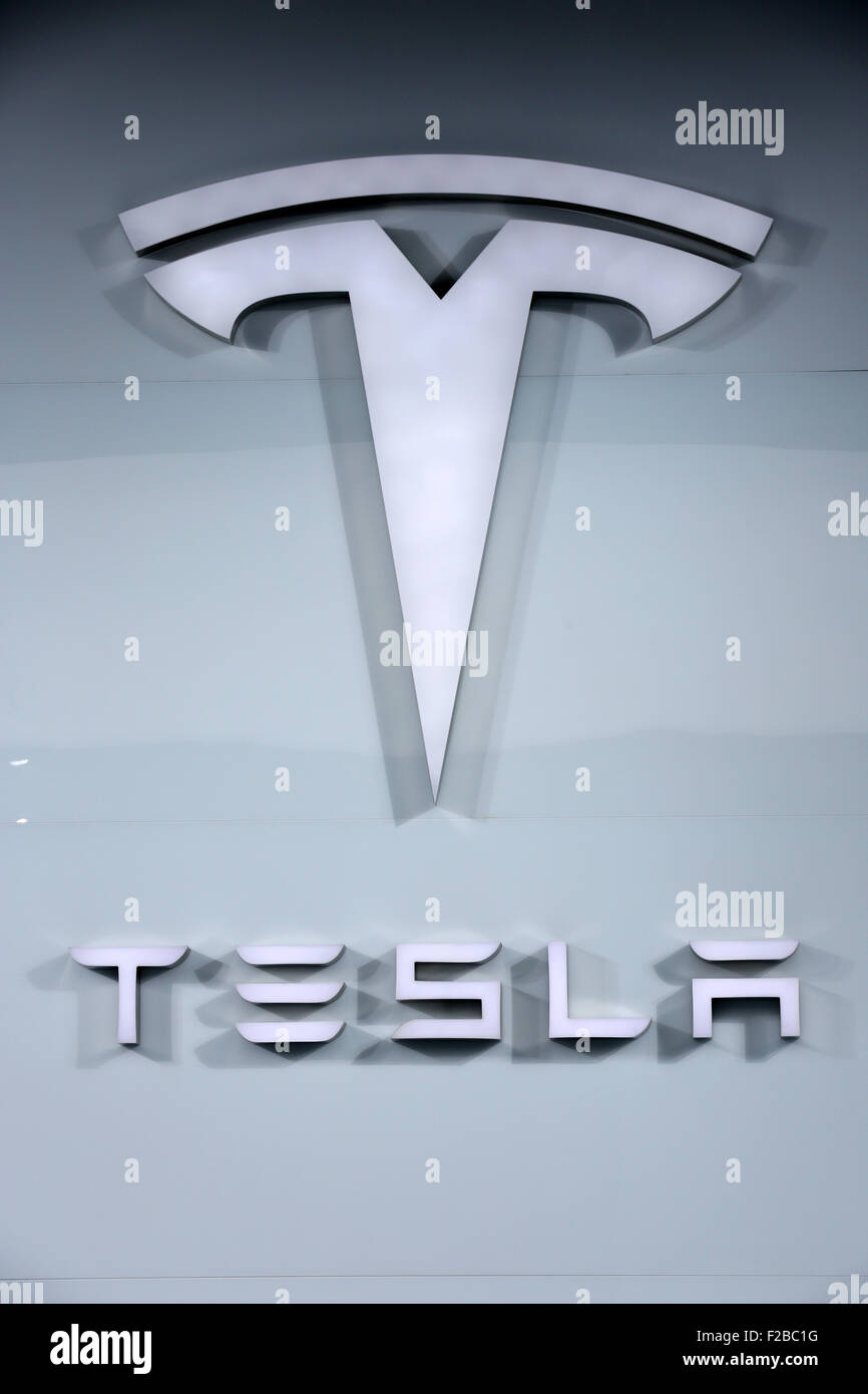 Logo of carmaker TESLA is seen at the 66th International Motor Show IAA 2015 (Internationale Automobil Ausstellung, IAA) in Frankfurt/Main, Germany Stock Photo