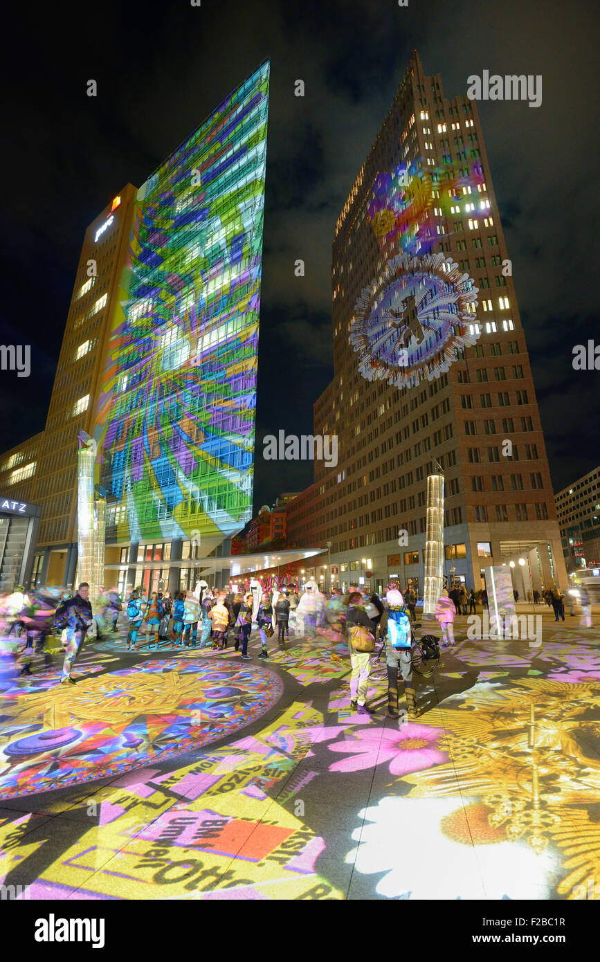 Festival of Lights, highrise buildings at Potsdamer Platz, illuminated, Berlin Mitte, Berlin, Germany, Europe Stock Photo