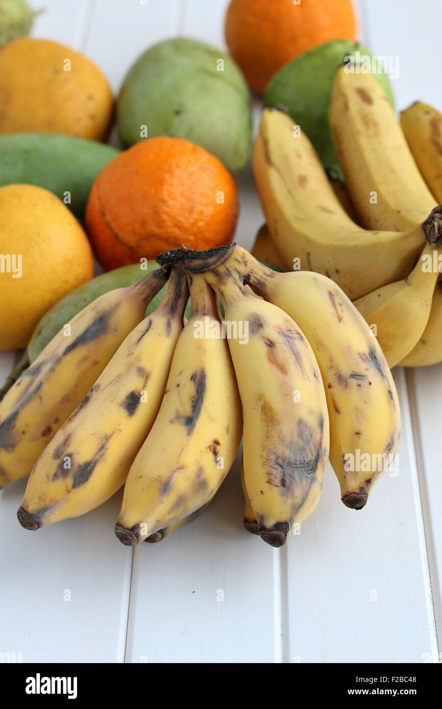 Sugar bananas or also known as Ducasse bananas with mangoes , sumo