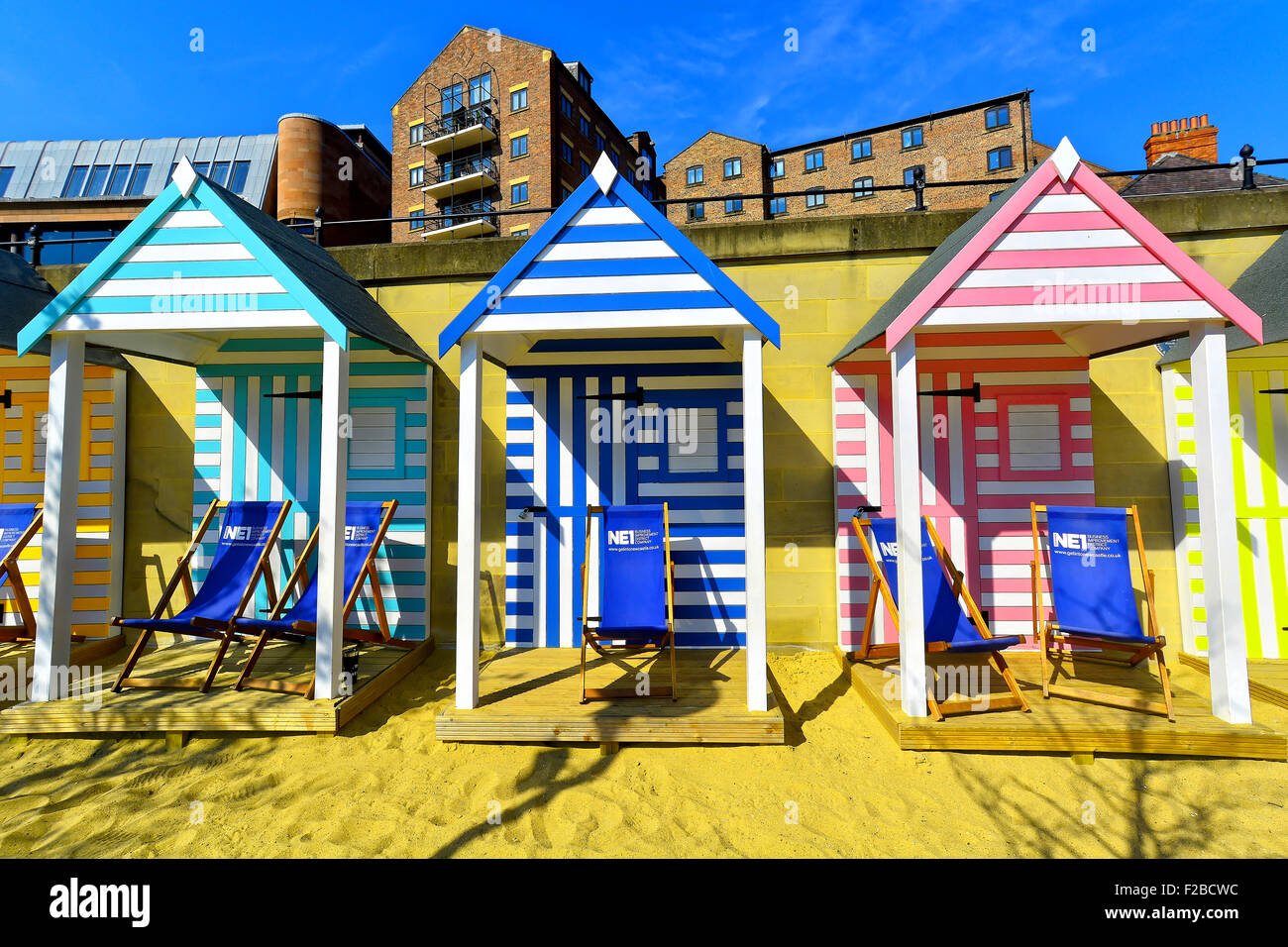 Deck chairs, sand, beach, beach huts, Newcastle, river Tyne, yellow, green, blue, pink, NEI