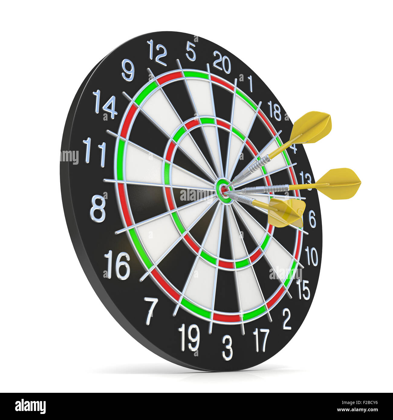 Dartboard with three orange darts on bullseye. Side view. 3D render ...