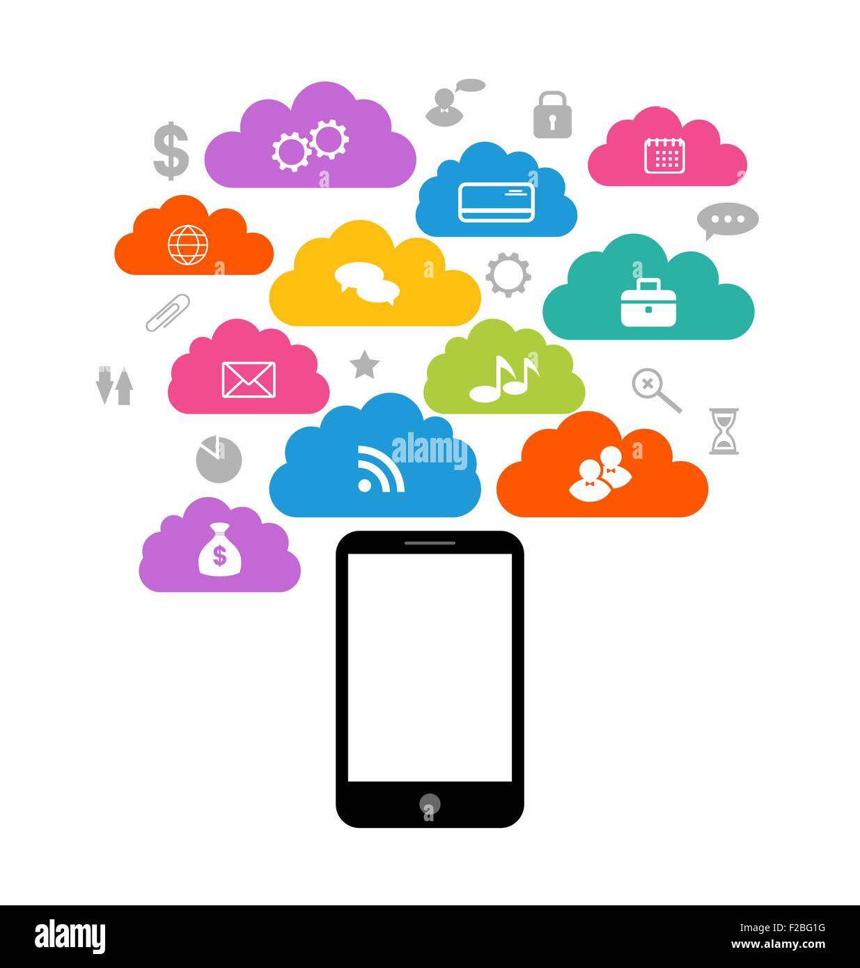 Smart device with cloud of application icons, business infograph Stock ...
