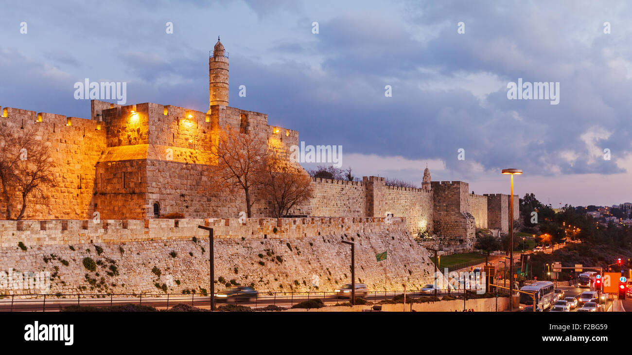 Walls of Ancient City at Night, Jerusalem, Israel Stock Photo