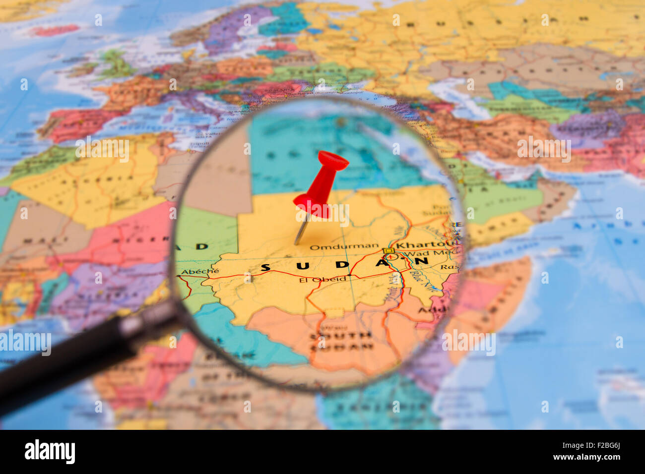 Map of Sudan with magnifying glass Stock Photo