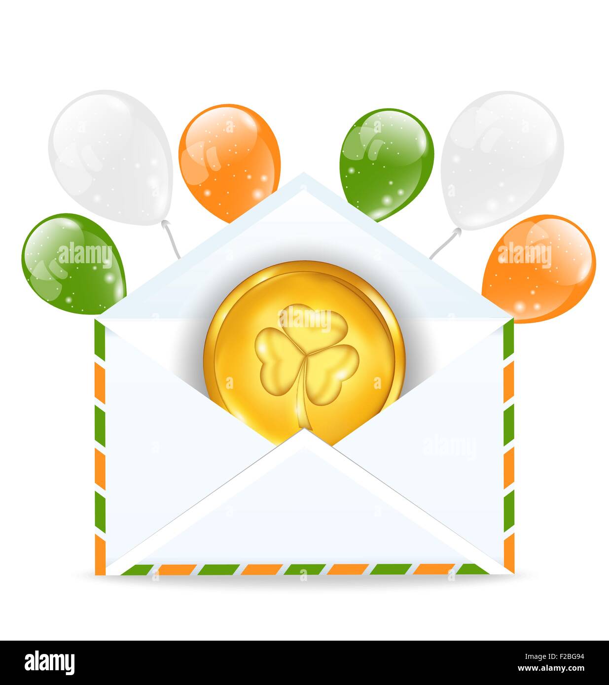 Envelope with golden coin and colorful balloons for St. Patrick' Stock