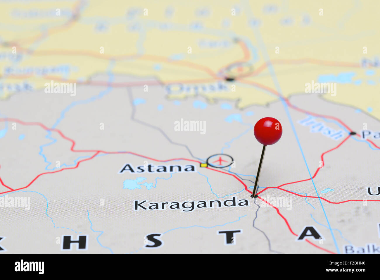 Karaganda pinned on a map of Asia Stock Photo