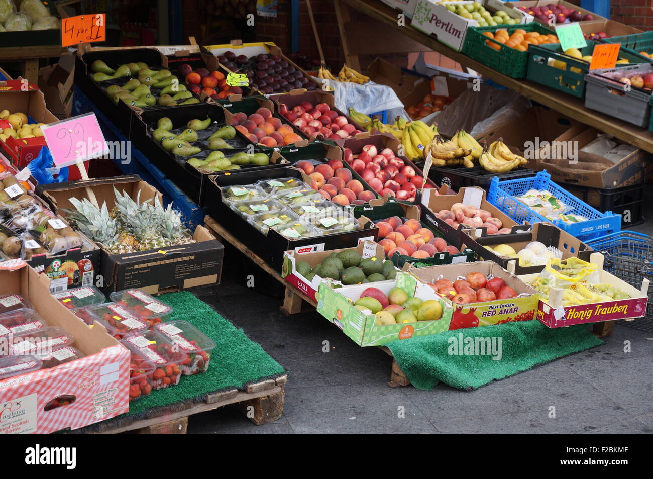 Fruits On Display Outside A Greengrocers Stock Photo - Alamy