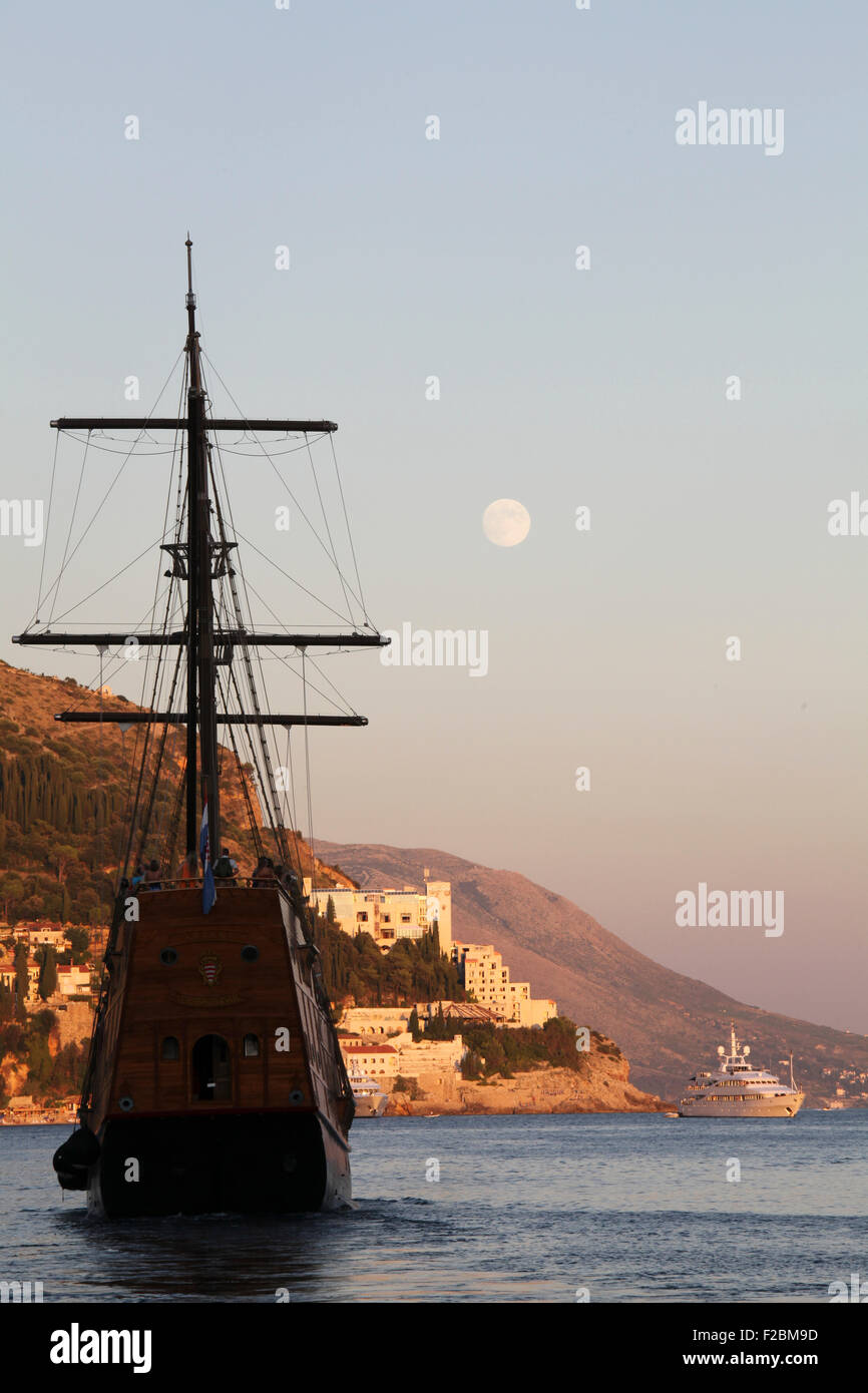 KARAKA IN DUBROVNIK. An ancient commercial vessel used by Dubrovnik vendors and seafarers pictured in the port of Dubrovnik Stock Photo
