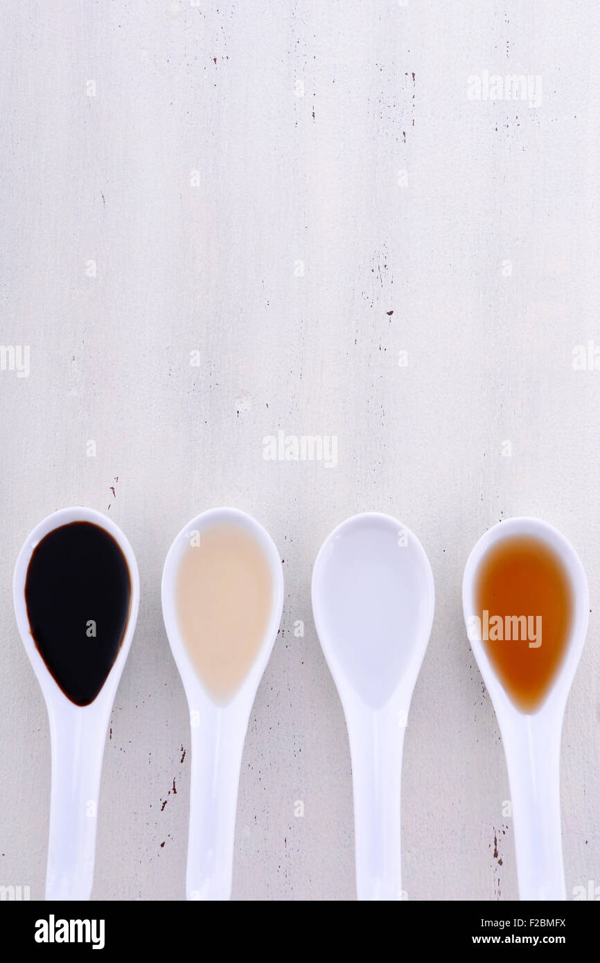 Serving size samples of different types of vinegar including Balsamic, Apple Cider, White and