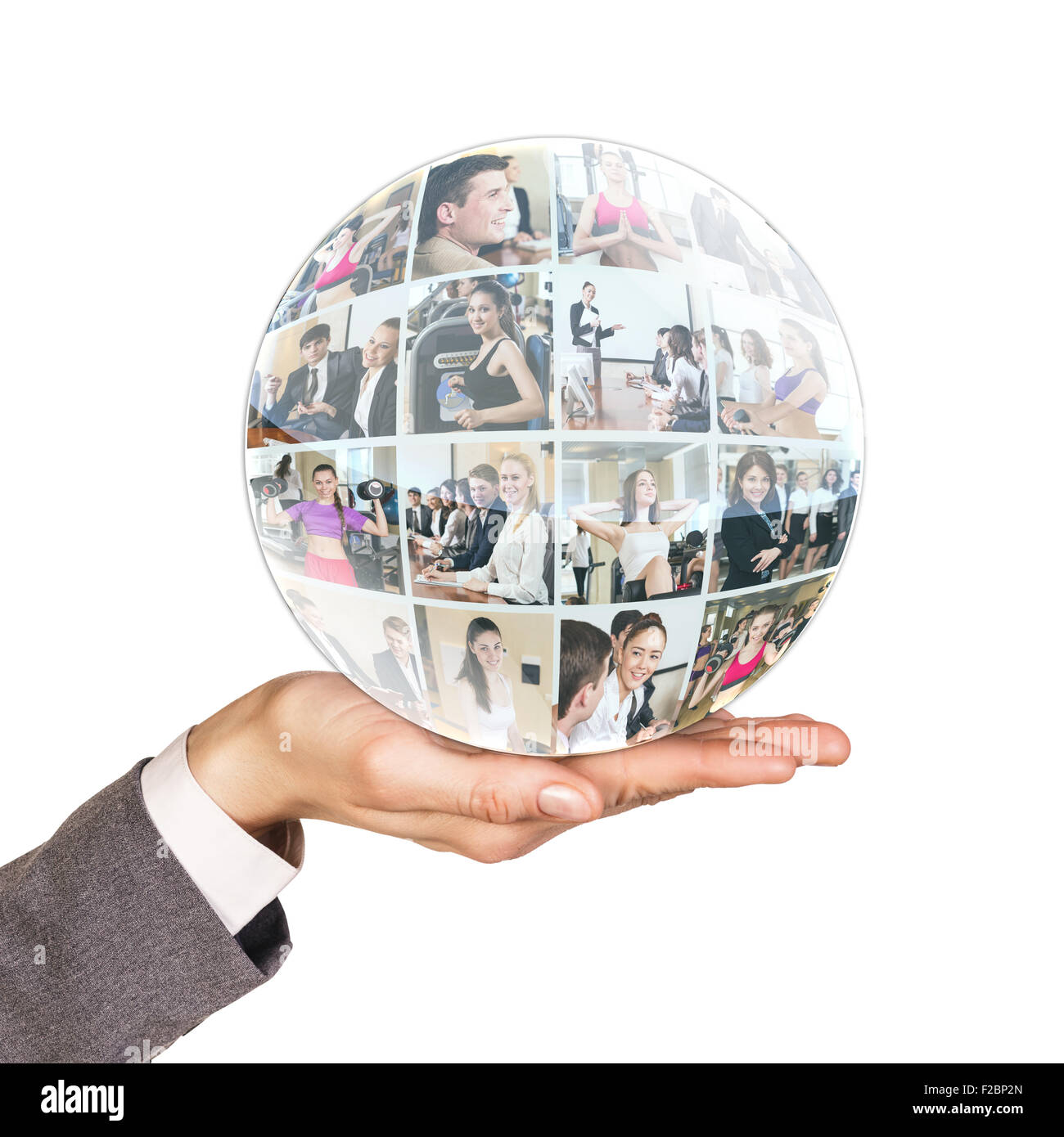 Hand holds collage of diverse business people in sphere over white background Stock Photo